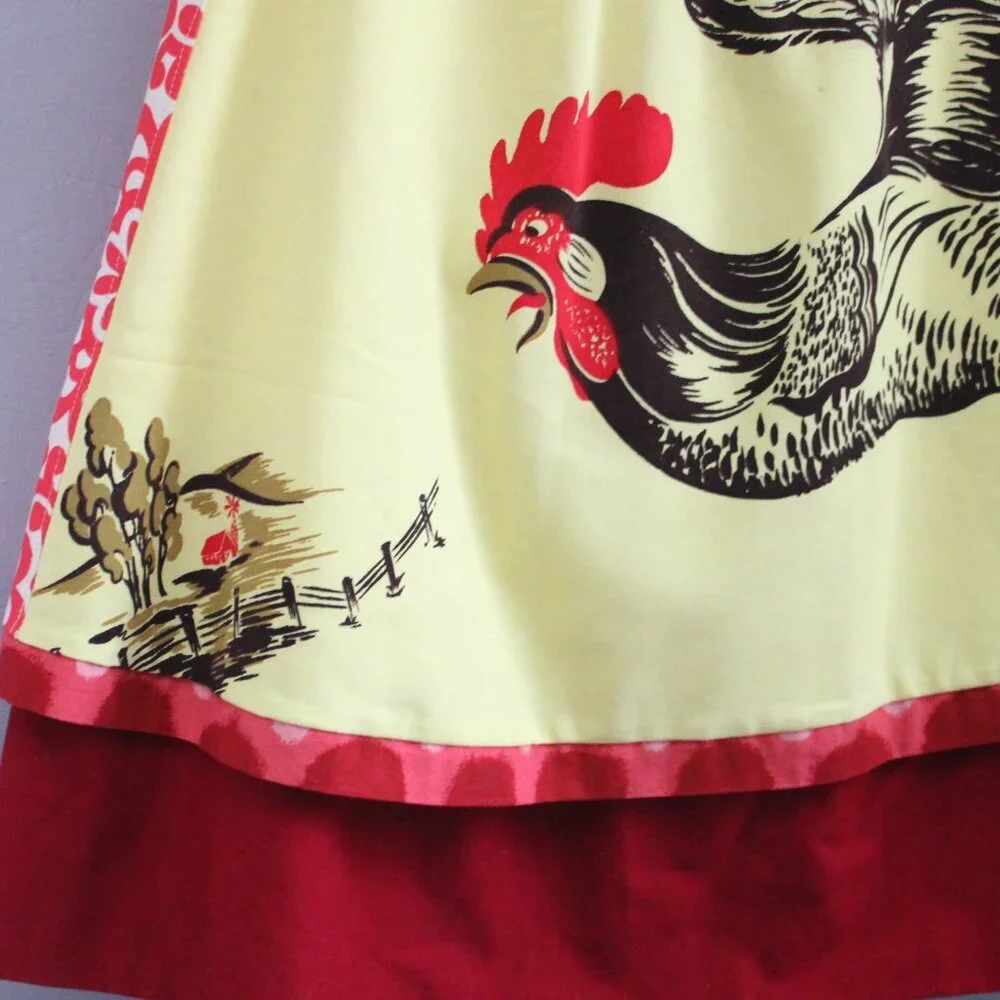 Orangyporangy Yellow Red Mixed Print Retro Rooster Farm A-Line Skirt Size Small - Picture 7 of 7